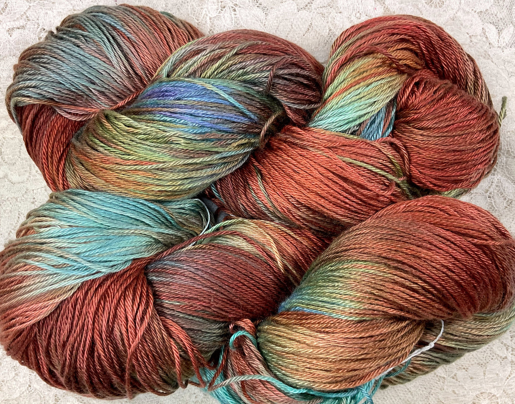 Silk Cotton Fingering Wt yarn 434 yds Hand Dyed -Speckled Pheasant-Great Adirondack