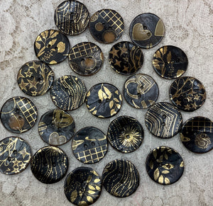 1” Buttons- Black with assorted Patterns-gold foil-Handcrafted Great Adirondack Yarn