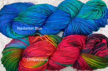 Load image into Gallery viewer, Fingering wt Superwash Merino -single  ply- 437  yds-Maisie-Hand Dyed colors-Chilipeppers-Nantucket Blue- Great Adirondack
