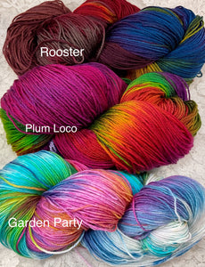 Sock Yarn Merino Superwash and nylon 450 yds -Colors-Rooster-Plum Loco-Garden Party