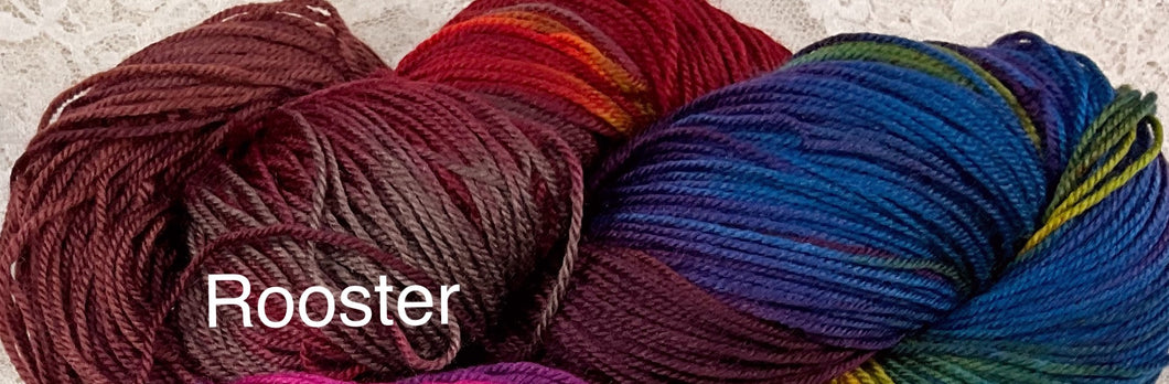 Sock Yarn Merino Superwash and nylon 450 yds -Colors-Rooster-Plum Loco-Garden Party