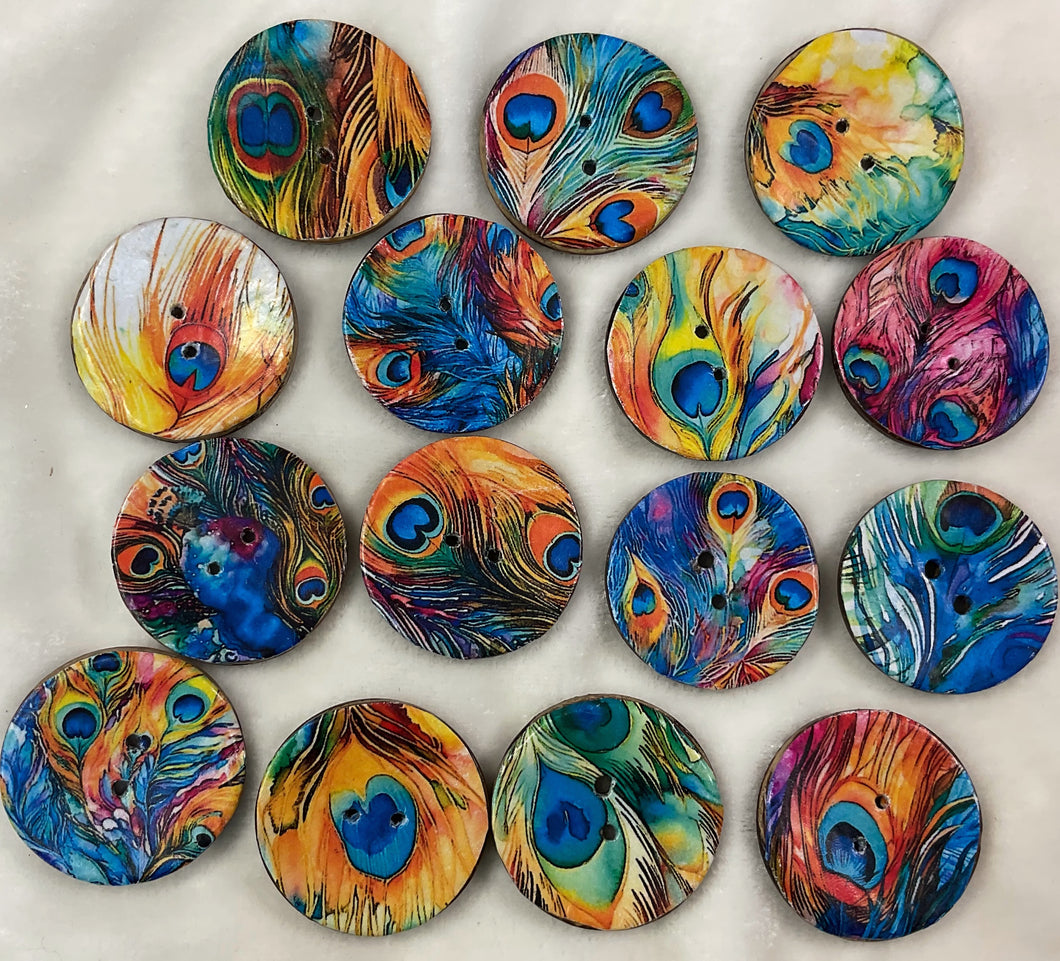 1.18” Buttons-peacock feather prints -assorted-Handcrafted- Great Adirondack Yarn