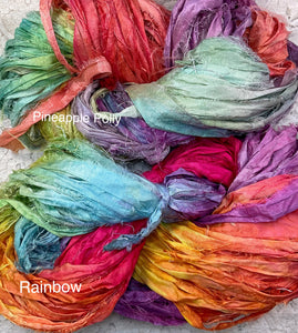 Sari Silk Yarn -50 yds- hand dyed colors-Pineapple Polly-Rainbow- Great Adirondack