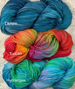 Organic Cotton Yarn 300 yds dk wt Hand Dyed Colors Denim-Toucan-Hydrangea-Great Adirondack