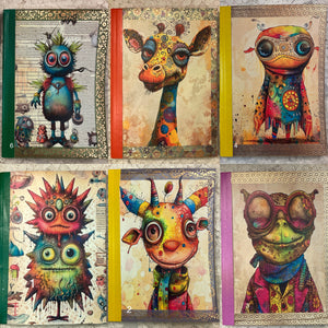 5 x 8”lined notebook -whimsical creatures -assorted-diary-handcrafted-junk journal-60 lined pages- Great Adirondack