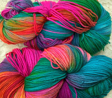 Load image into Gallery viewer, Silk merino fingering wt yarn  -440 yds -Hand Dyed Tiffany-Butterfly-Neon Brights- Great Adirondack
