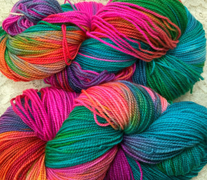 Silk merino fingering wt yarn  -440 yds -Hand Dyed Tiffany-Butterfly-Neon Brights- Great Adirondack