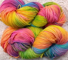 Load image into Gallery viewer, Silk merino fingering wt yarn  -440 yds -Hand Dyed Tiffany-Butterfly-Neon Brights- Great Adirondack
