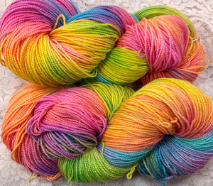 Silk merino fingering wt yarn  -440 yds -Hand Dyed Tiffany-Butterfly-Neon Brights- Great Adirondack