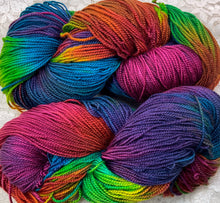 Load image into Gallery viewer, Silk merino fingering wt yarn  -440 yds -Hand Dyed Tiffany-Butterfly-Neon Brights- Great Adirondack
