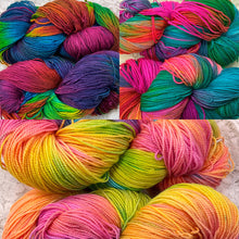 Load image into Gallery viewer, Silk merino fingering wt yarn  -440 yds -Hand Dyed Tiffany-Butterfly-Neon Brights- Great Adirondack
