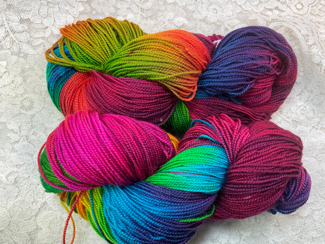 Silk merino fingering wt yarn  -440 yds -Pheasant-Watermelon Wanda-Hand Dyed  Great Adirondack