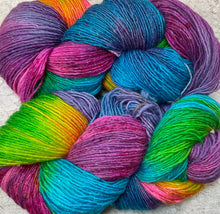 Load image into Gallery viewer, Sparkle Sock yarn -gold-single ply -merino-417 yds Hand dyed colors-Butterfly-Tiffany-Fiesta-Great Adirondack
