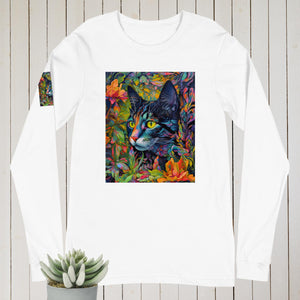 Long Sleeve Tee- Colorful Cat Print -unisex- black-gray-white- all sizes
