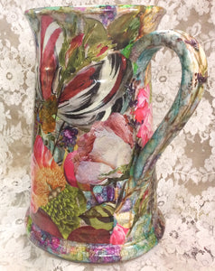 Ceramic Decoupaged  Pitcher 10” h x 7”wide-big Florals Great Adirondack Yarn