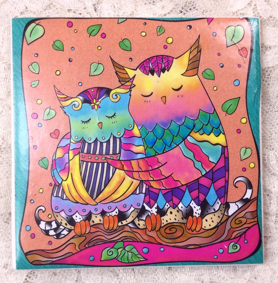 Ceramic Tile-coaster- Rainbow Owls 4.25” x4.25” original colorwork Great Adirondack Yarn co.