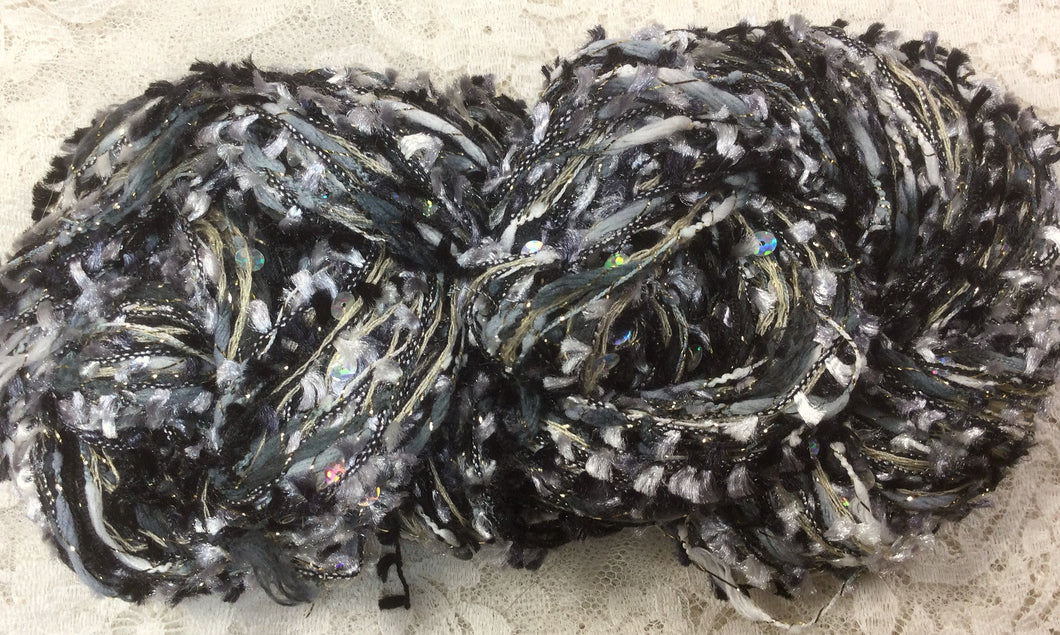 Novelty 3 Strand Yarn 75 yds Black white with sequins