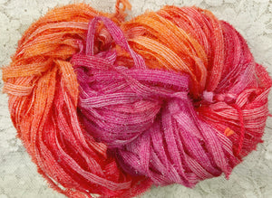 Ribbon Yarn 75 yds with crystal flash aran wt hand dyed Hydrangea- Peaches