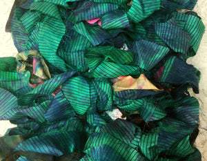 Tie Dyed Sari Silk Ribbon 1" wide 5 yds Assorted Striped Teal Greens