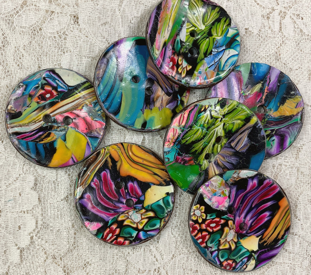 Mosaic Buttons 1.75” polymer clay and coconut-twilight-assorted-Handcrafted- Great Adirondack