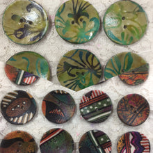 Load image into Gallery viewer, Large Buttons 1 and 7/8” Fabric and wood handcrafted Tribal or Batik
