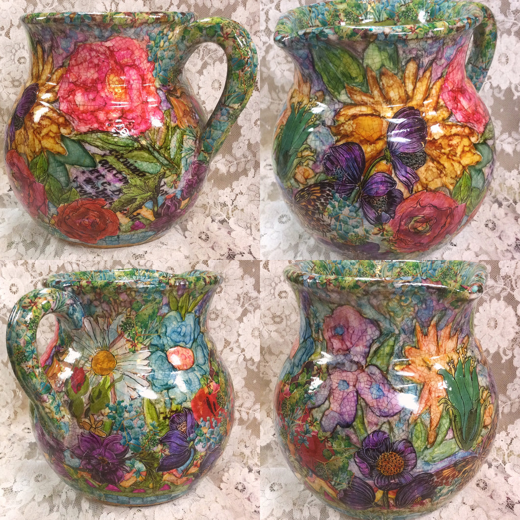 Ceramic Decoupaged Pitcher 8” h x 7”wide Flowers original Great Adirondack Yarn