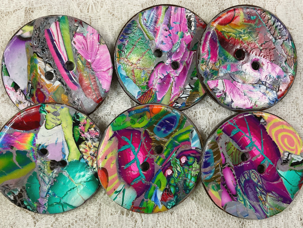Mosaic Buttons 1.75” polymer clay and coconut-assorted-bright abstracts ll -Handcrafted- Great Adirondack