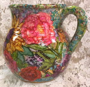 Ceramic Decoupaged Pitcher 8” h x 7”wide Flowers original Great Adirondack Yarn