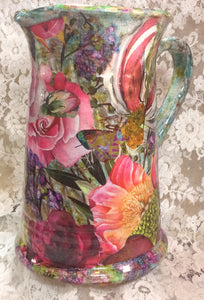 Ceramic Decoupaged  Pitcher 10” h x 7”wide-big Florals Great Adirondack Yarn