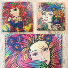 Load image into Gallery viewer, Ceramic Tile- coaster- art nouveau woman’s faces 4.25” x4.25” original colorwork Great Adirondack Yarn co.
