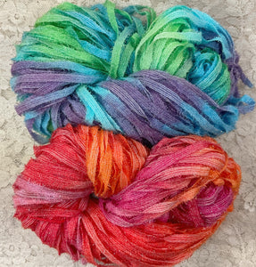 Ribbon Yarn 75 yds with crystal flash aran wt hand dyed Hydrangea- Peaches