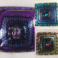 Load image into Gallery viewer, Dichroic pins or pendants-violet-sapphire-golds-Nancy Geddes- handcrafted-vintage
