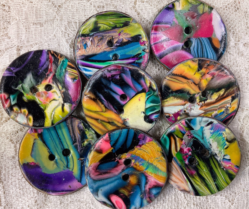 Mosaic Buttons 1.25” polymer clay and coconut- twilight-handcrafted- Great Adirondack