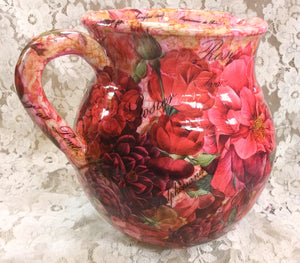Ceramic Decoupaged  Pitcher 8” h x 7”wide Roses original Great Adirondack Yarn