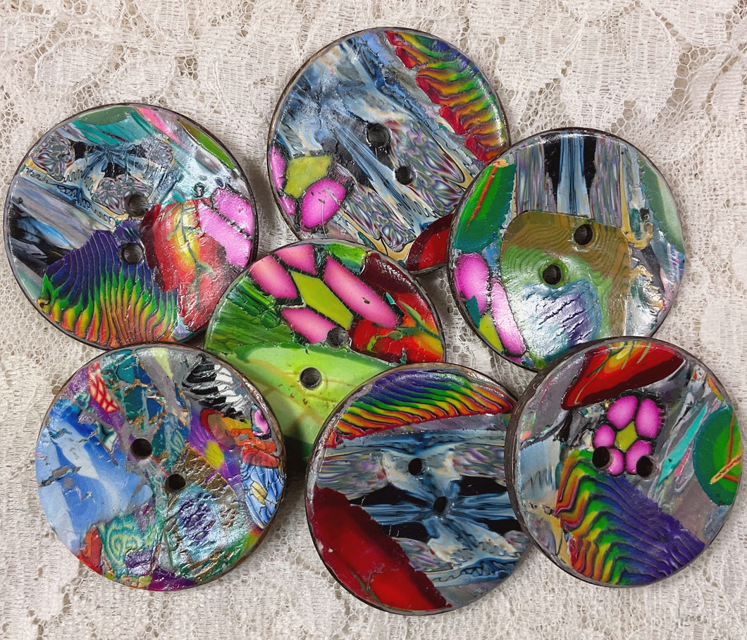 Mosaic Buttons 1.75” polymer clay and coconut-assorted-abstracts -Handcrafted- Great Adirondack