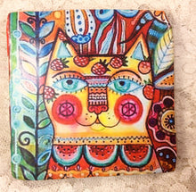 Load image into Gallery viewer, Ceramic Tile -coaster Funky cat-bird 4.25” x4.25
