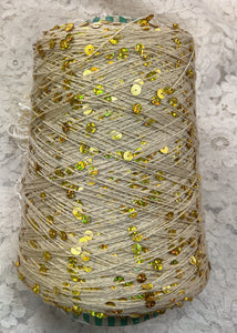 Sequined Yarn 1.09 lb Cone - 2850 yds -or 10.9 oz-1725 yds-Gold Holographic on beige binder- made in Italy