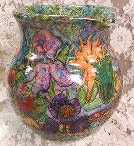 Ceramic Decoupaged Pitcher 8” h x 7”wide Flowers original Great Adirondack Yarn
