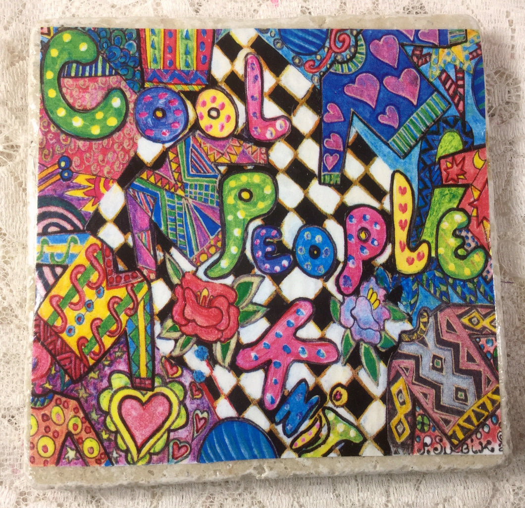 Ceramic tile- coaster-  4.25” x 4.25” Cool people Knit Coaster Great Adirondack