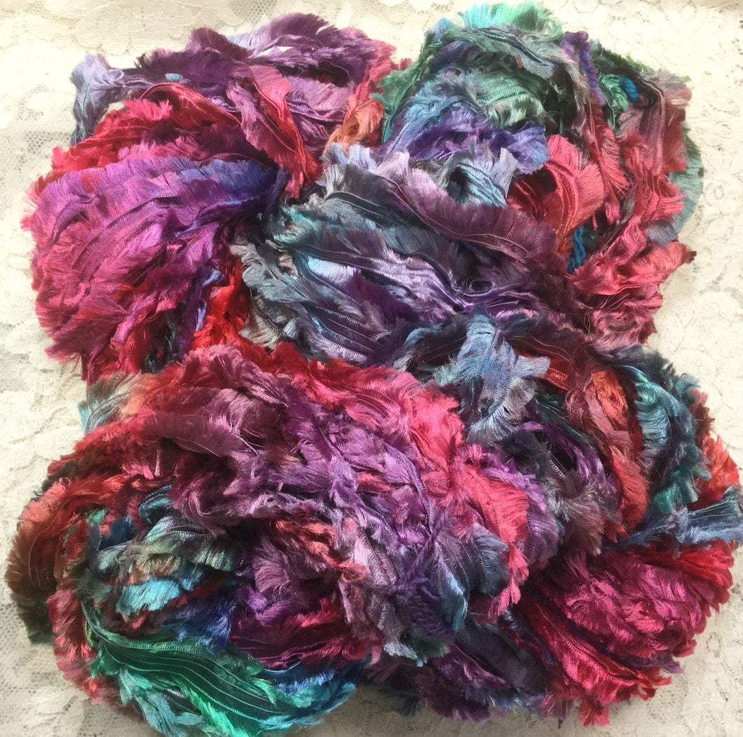 Fringe Ribbon Feathers 25 yds Hand Dyed Color Berries